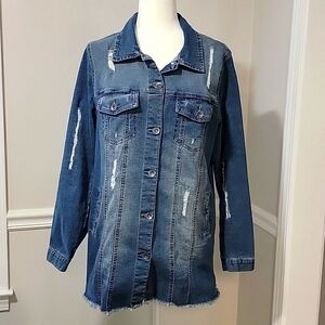 Versona Distressed Tunic Length Denim Jean Jacket